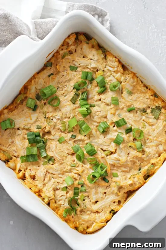 Baked lactose free buffalo chicken dip in a white baking dish. Lactose Free Buffalo Chicken Dip in a white baking dish.