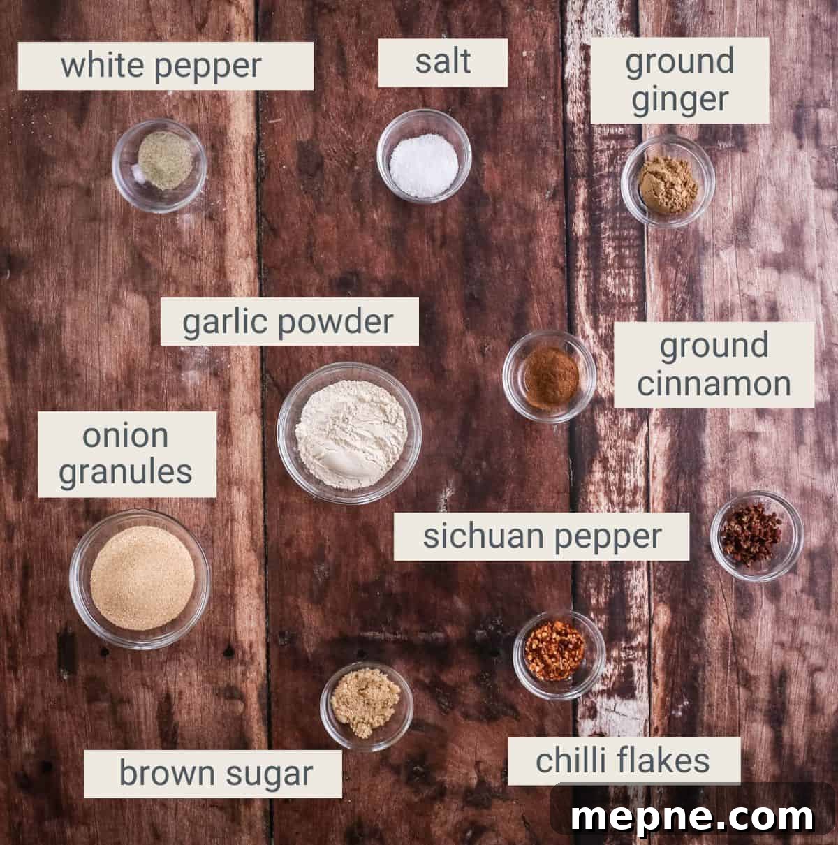 Homemade Stir Fry Seasoning Mix 6 Stir Fry Seasoning ingredients on a table.