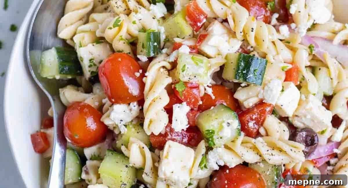 30 Side Dishes for French Dip Sandwiches 14 Overhead image of Greek pasta salad.