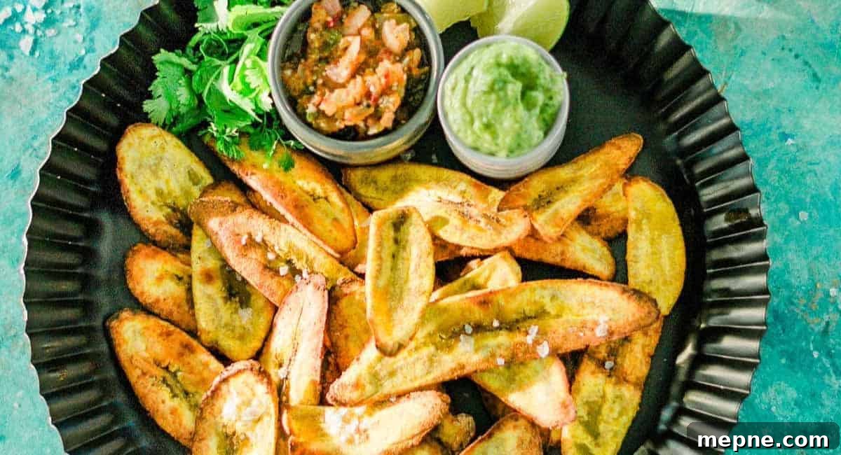 30 Side Dishes for French Dip Sandwiches 20 Overhead image of oven baked plantain chips with dips.