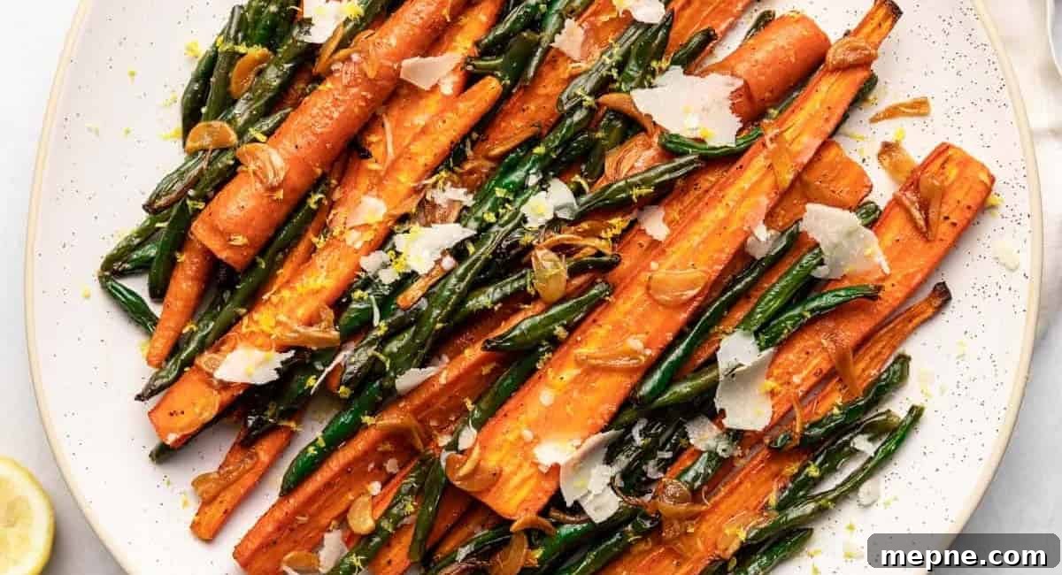 30 Side Dishes for French Dip Sandwiches 7 Overhead image of roasted green beans and carrots.