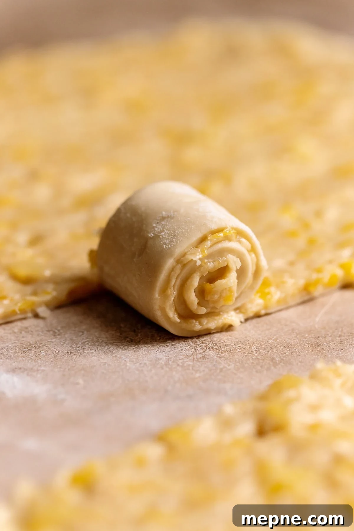 Tropical Pina Colada Cinnamon Rolls with Coconut Rum Icing 8 A strip of dough being rolled up into a cinnamon roll.
