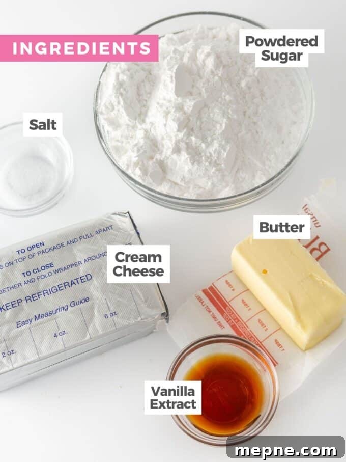 Cream Cheese Frosting Recipe for Cinnamon Rolls 4 Flatlay of cream cheese frosting ingredients labeled on a white background: cream cheese, butter, powdered sugar, salt, and vanilla extract