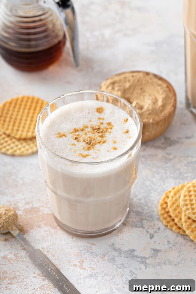 Foamy maca latte in a glass