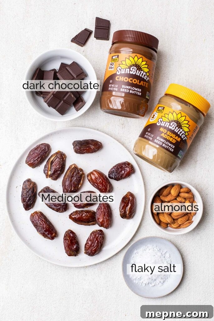 Chocolate-Stuffed Medjool Dates with Nut Butter 4 The ingredients needed for chocolate dates shown with labels.