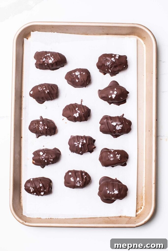 Chocolate-Stuffed Medjool Dates with Nut Butter 9 Dates shown rolled in chocolate with flaky salt sprinkled on top.