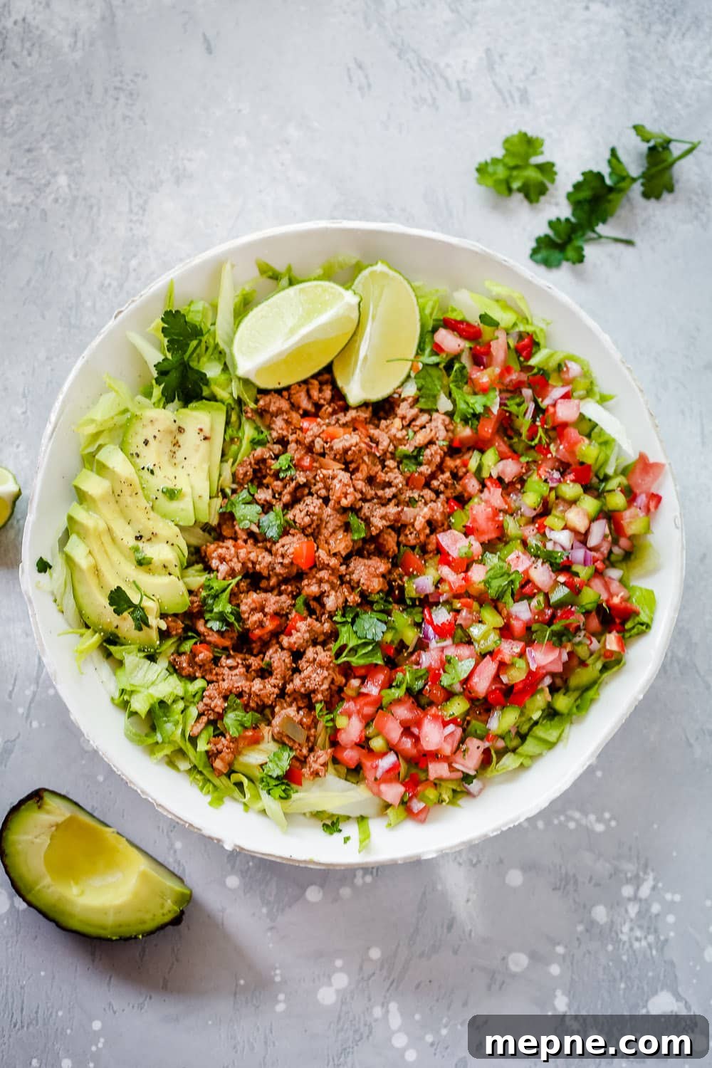 Keto Dinner Recipes: Low-Carb Ideas for Weeknights 18 overhead view of a taco salad in a white bowl