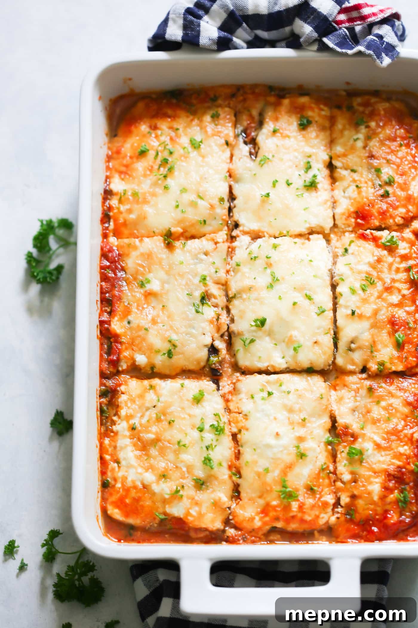 Keto Dinner Recipes: Low-Carb Ideas for Weeknights 29 overhead eggplant lasagna in a white casserole