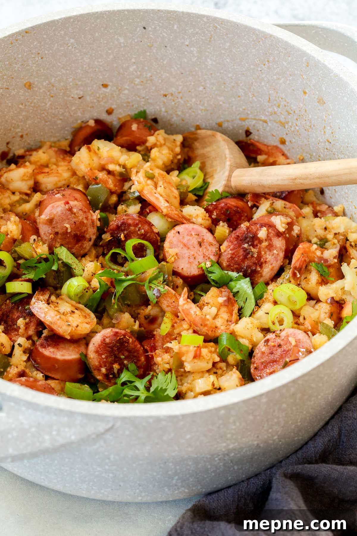 Keto Dinner Recipes: Low-Carb Ideas for Weeknights 6 overhead view of a white pot of whole30 jambalaya