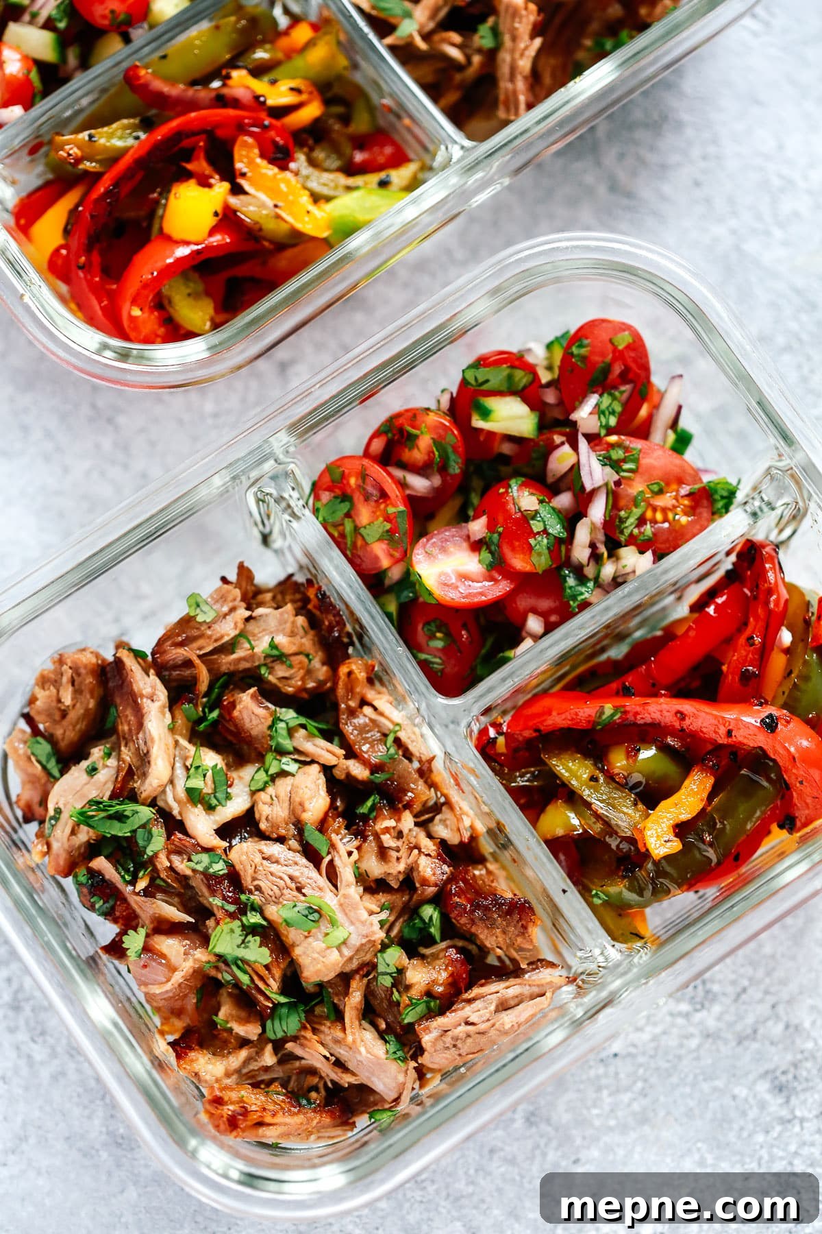 Keto Dinner Recipes: Low-Carb Ideas for Weeknights 8 overhead view of Instant Pot carnitas meal prep bowls.