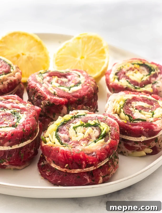 A plate of raw flank stuffed steak