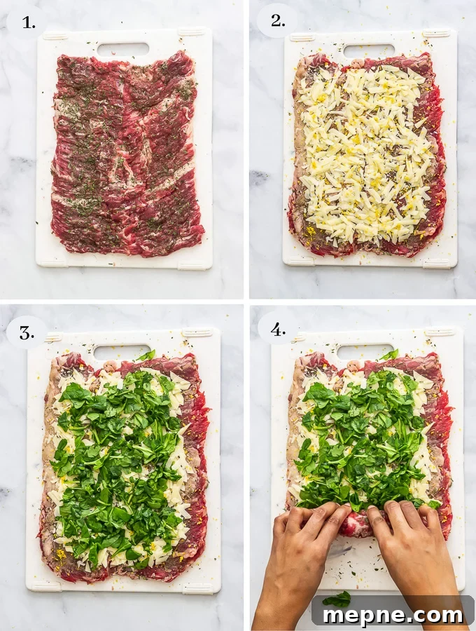 Raw stuffed flank steak step by step. How to make stuff flank steak