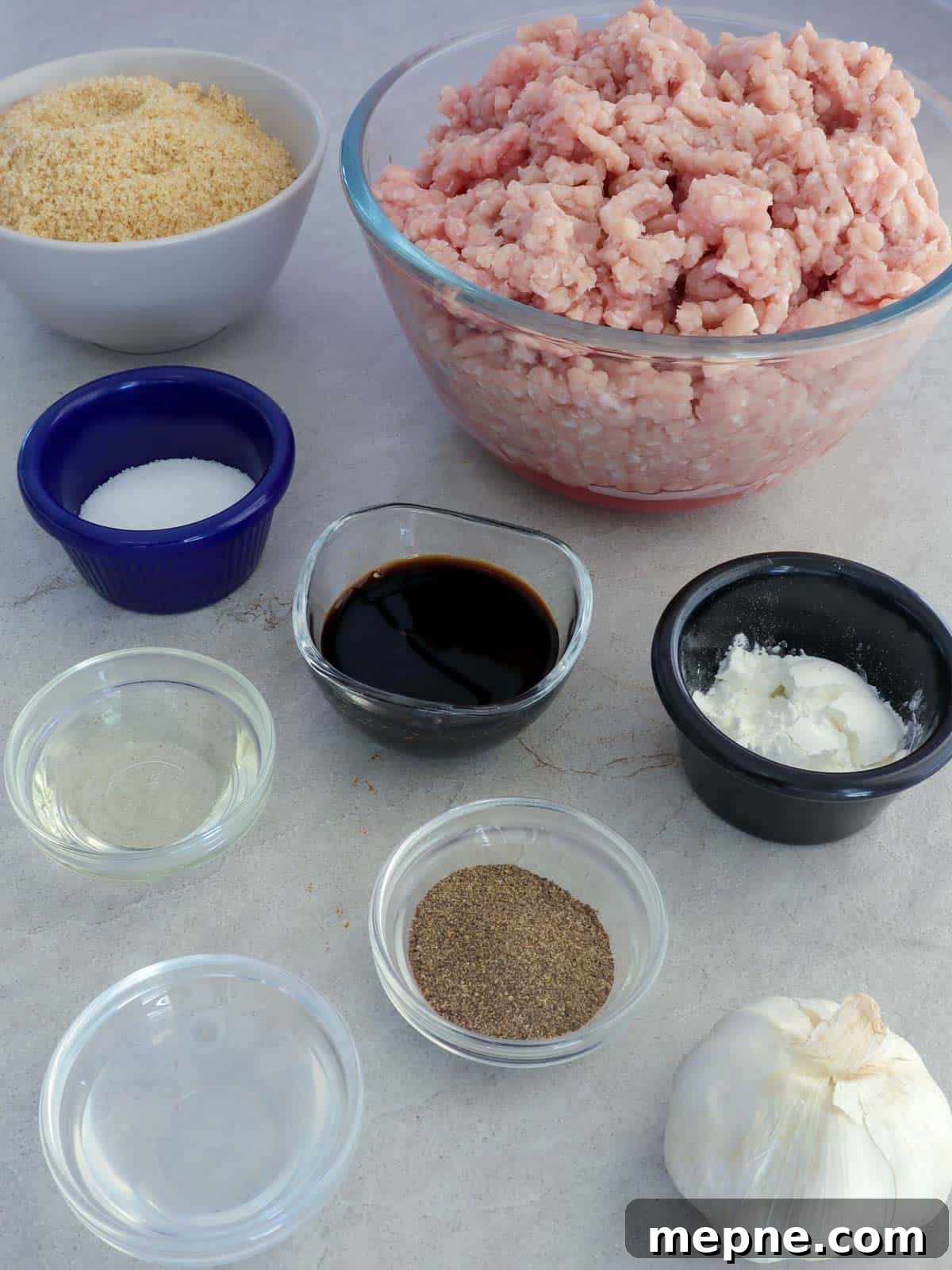 Filipino Skinless Longganisa Recipe for Homemade Sausage 3 ground pork, salt, pepper, garlic, brown sugar, cornstarch, soy sauce, oil, water in bowls
