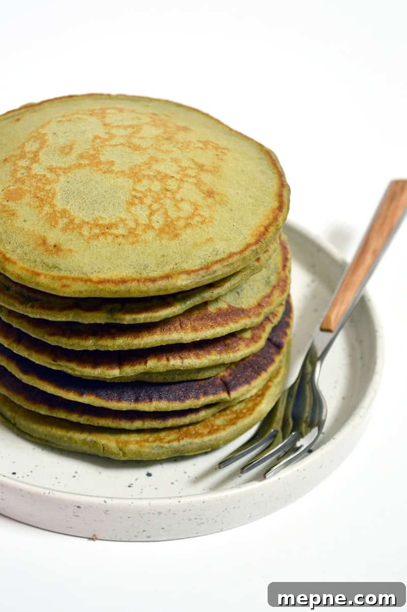 Fluffy Japanese Matcha Pancakes Recipe 4 stack of matcha pancakes