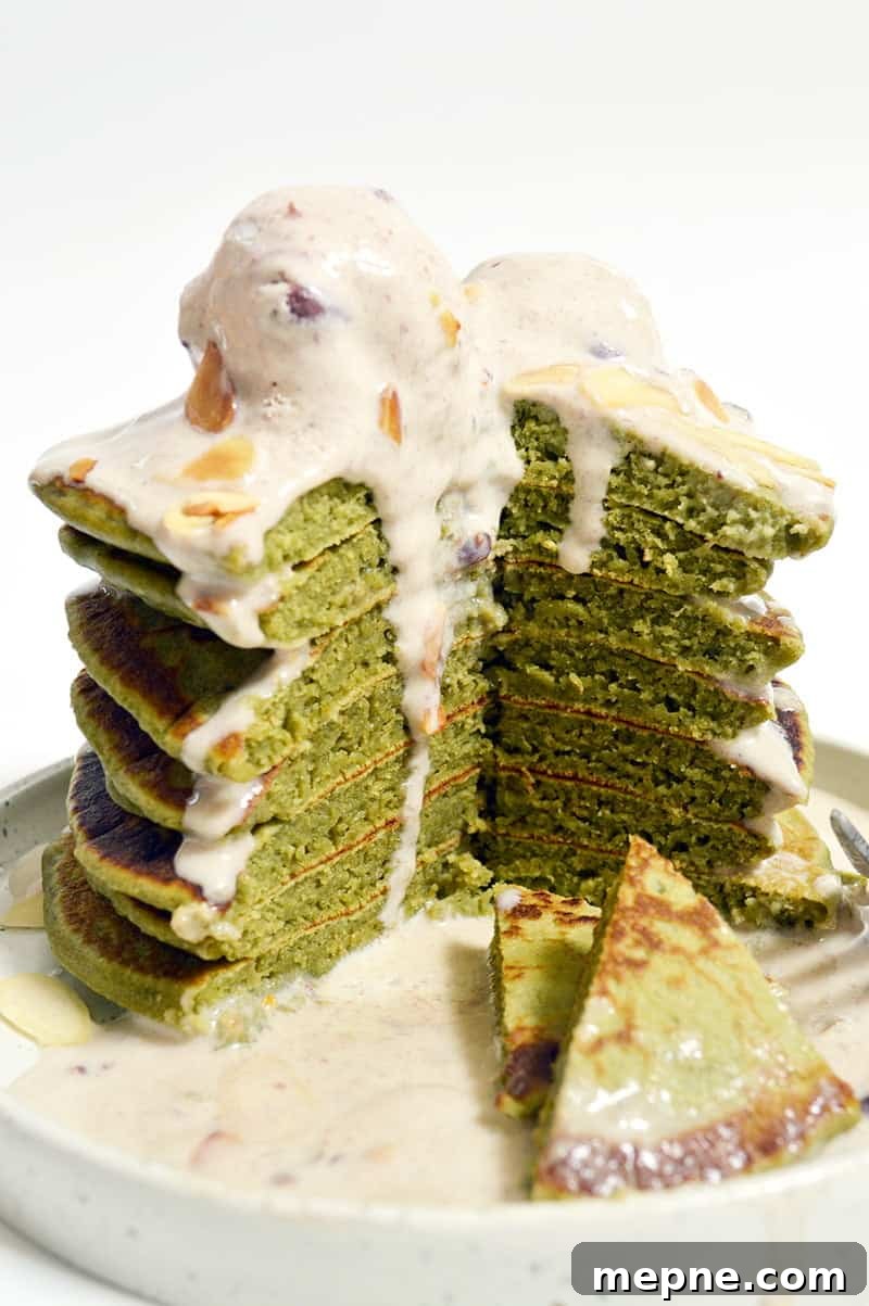 Fluffy Japanese Matcha Pancakes Recipe 6 matcha pancakes with red bean ice cream close-up
