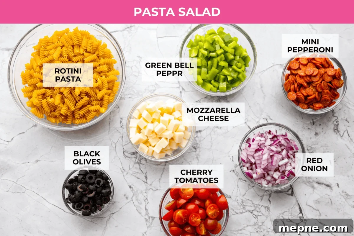 Overhead shot of labeled pasta salad ingredients.