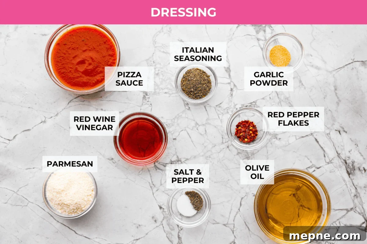 Overhead shot of labeled dressing ingredients.