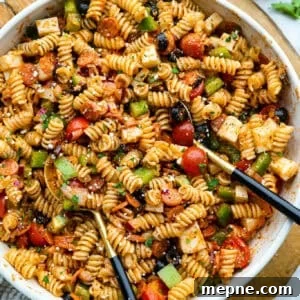 Pizza pasta salad in a bowl.