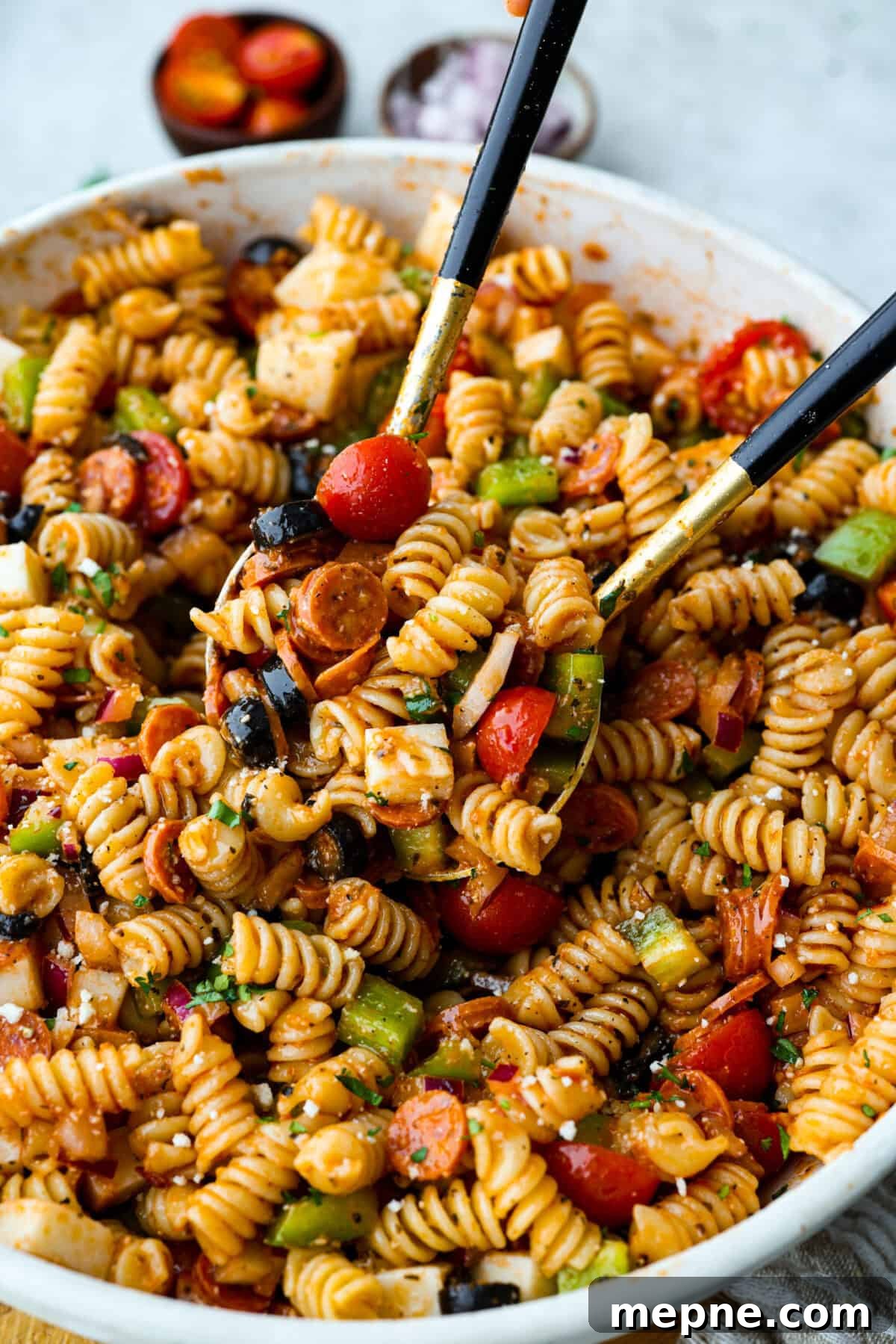 Close-up shot of pizza pasta salad.