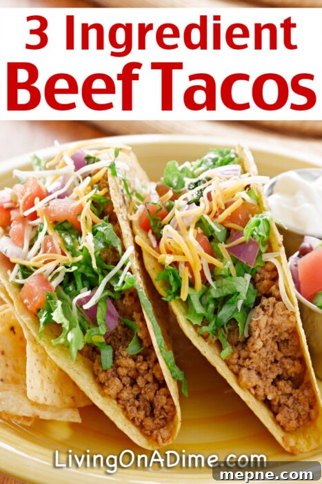 This easy 3 ingredient beef tacos recipe makes tasty classic style ground beef tacos that every family loves! Just dump everything into the crockpot in the morning and at dinner time, serve on taco shells! Garnish with your favorite taco toppings!