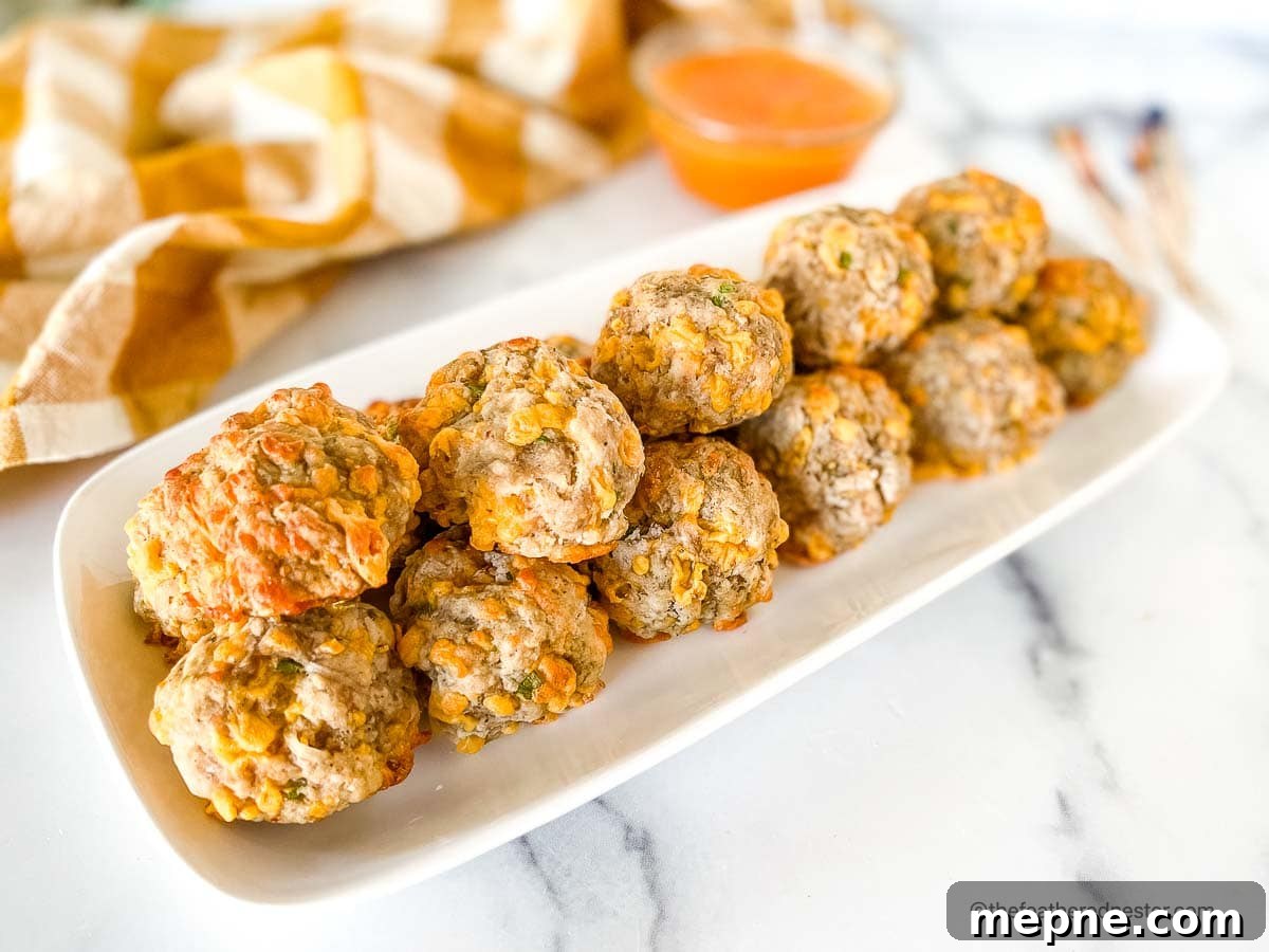 Turkey Sausage Balls Recipe 7 Baked bite-sized appetizer meatballs on a white serving platter.