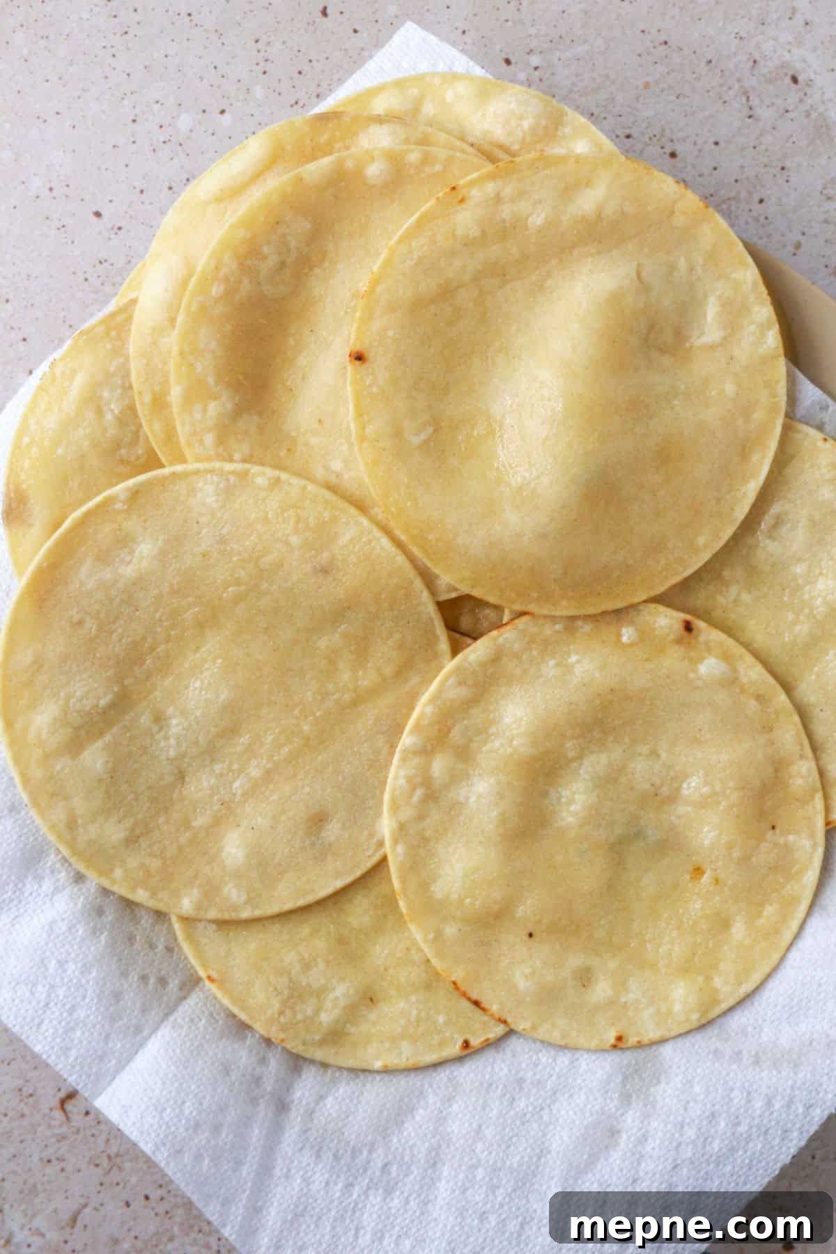 Lightly fried corn tortillas draining on a paper towel-lined plate
