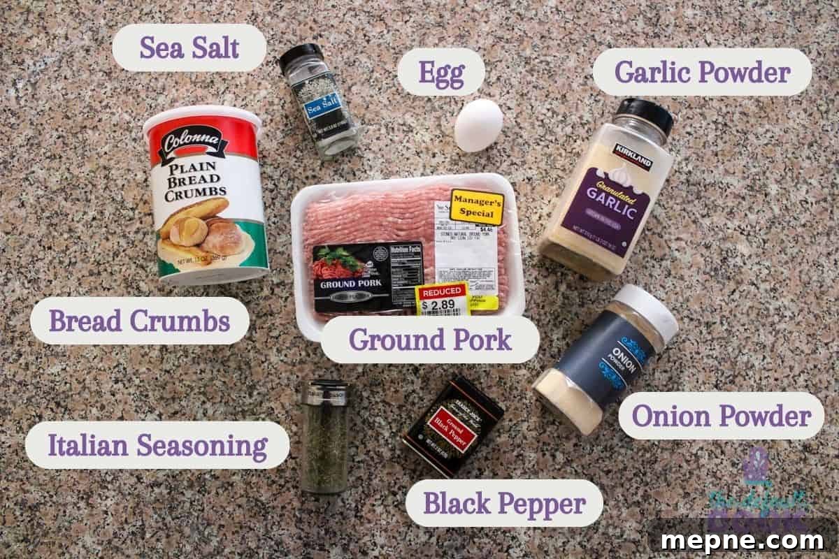 Oven Baked Pork Meatballs with Italian Seasoning 3 Ingredients on a kitchen counter, overlayed with text labels: bread crumbs, salt, egg, garlic powder, onion powder, black pepper, italian seasoning, and ground pork.