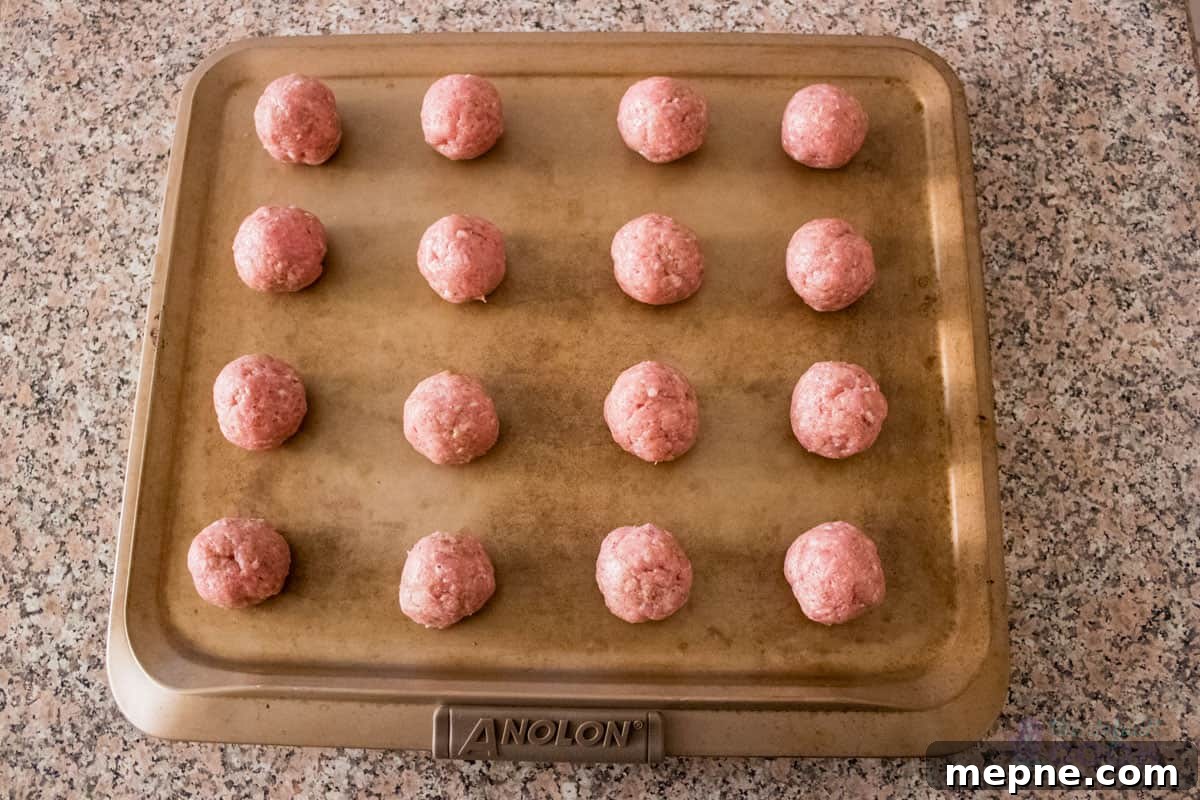 Oven Baked Pork Meatballs with Italian Seasoning 6 16 meatballs on a nonstick baking sheet.