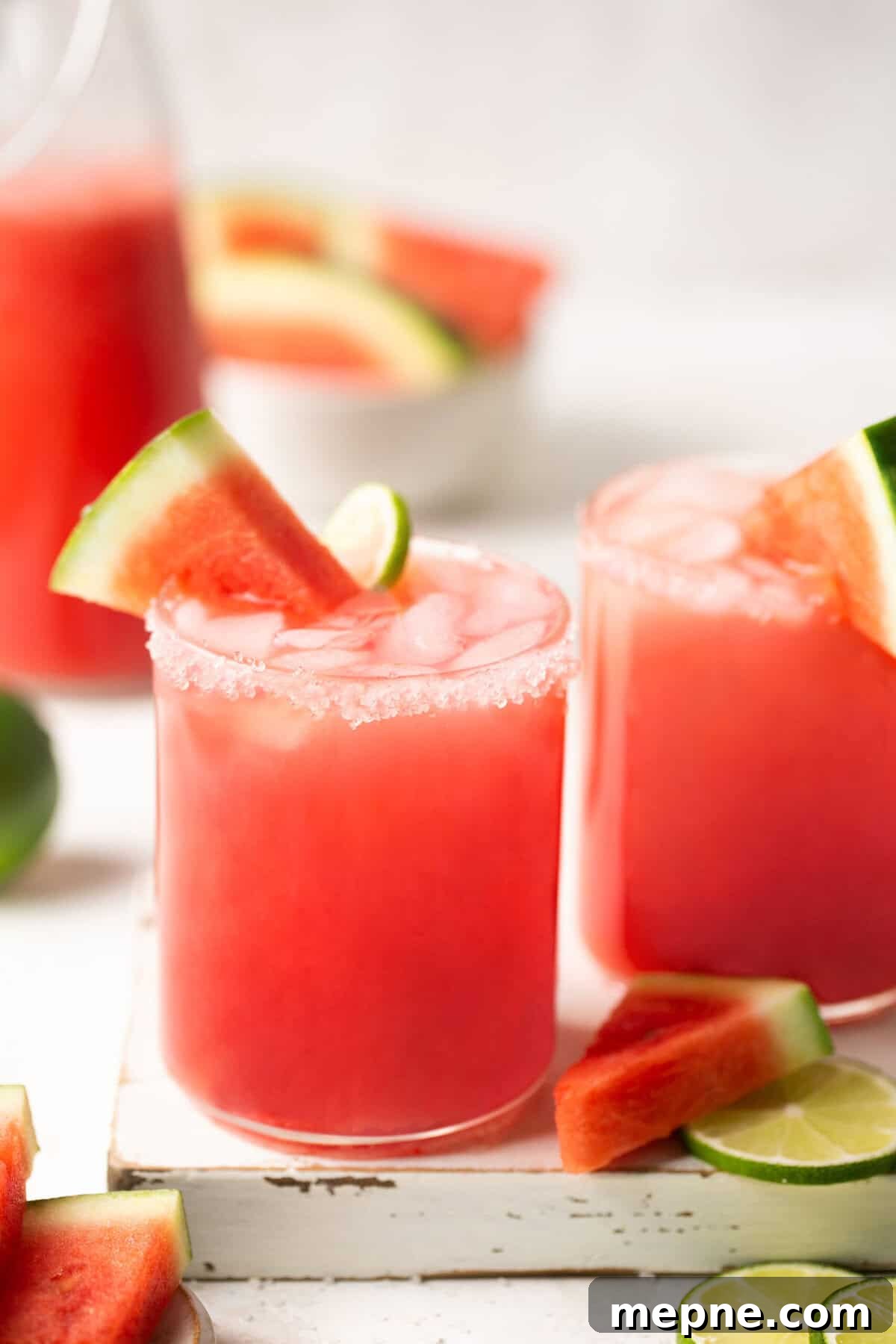 1800 Tequila Watermelon Margarita Recipe 6 a watermelon margarita in a salted glass with watermelon garnish on a white board