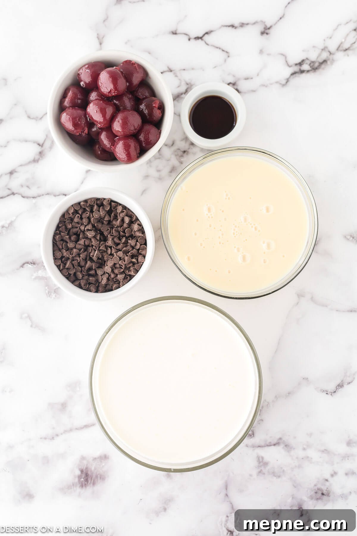 Homemade Cherry Chocolate Chip Ice Cream Recipe 3 Ingredients for Cherry chocolate chip ice cream - heavy whipped cream, red cherries, sweetened condensed milk, mini chocolate chips.