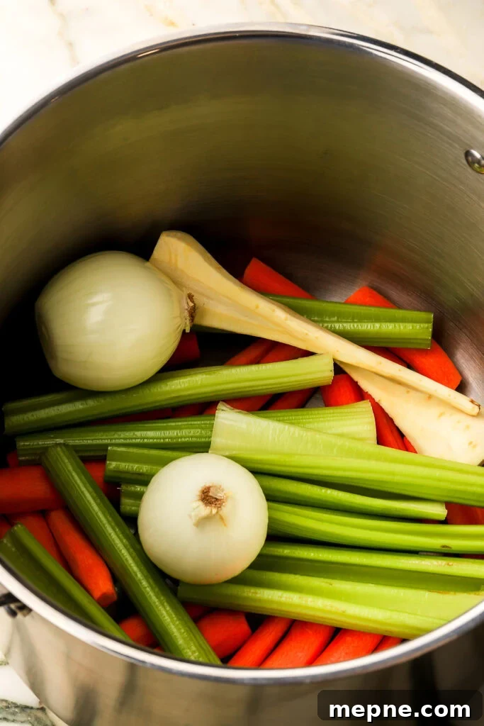 Romanian Chicken Soup (Ciorbă de pui) Recipe 4 vegetables on the bottom of a large pot