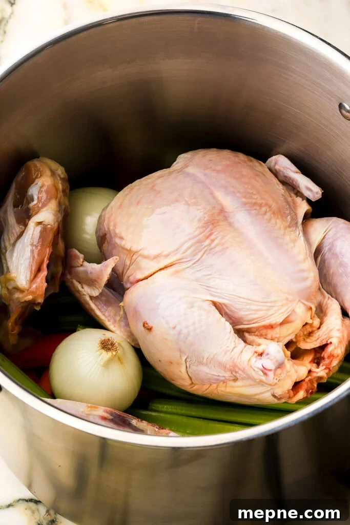 Romanian Chicken Soup (Ciorbă de pui) Recipe 5 whole chicken sitting on top of the vegetables in the pot