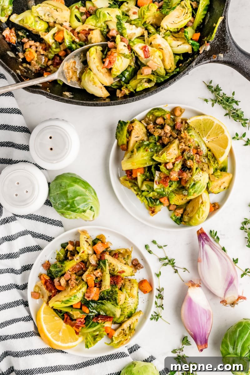 Lemon Brussels Sprouts two servings of lemon brussels sprouts on plates
