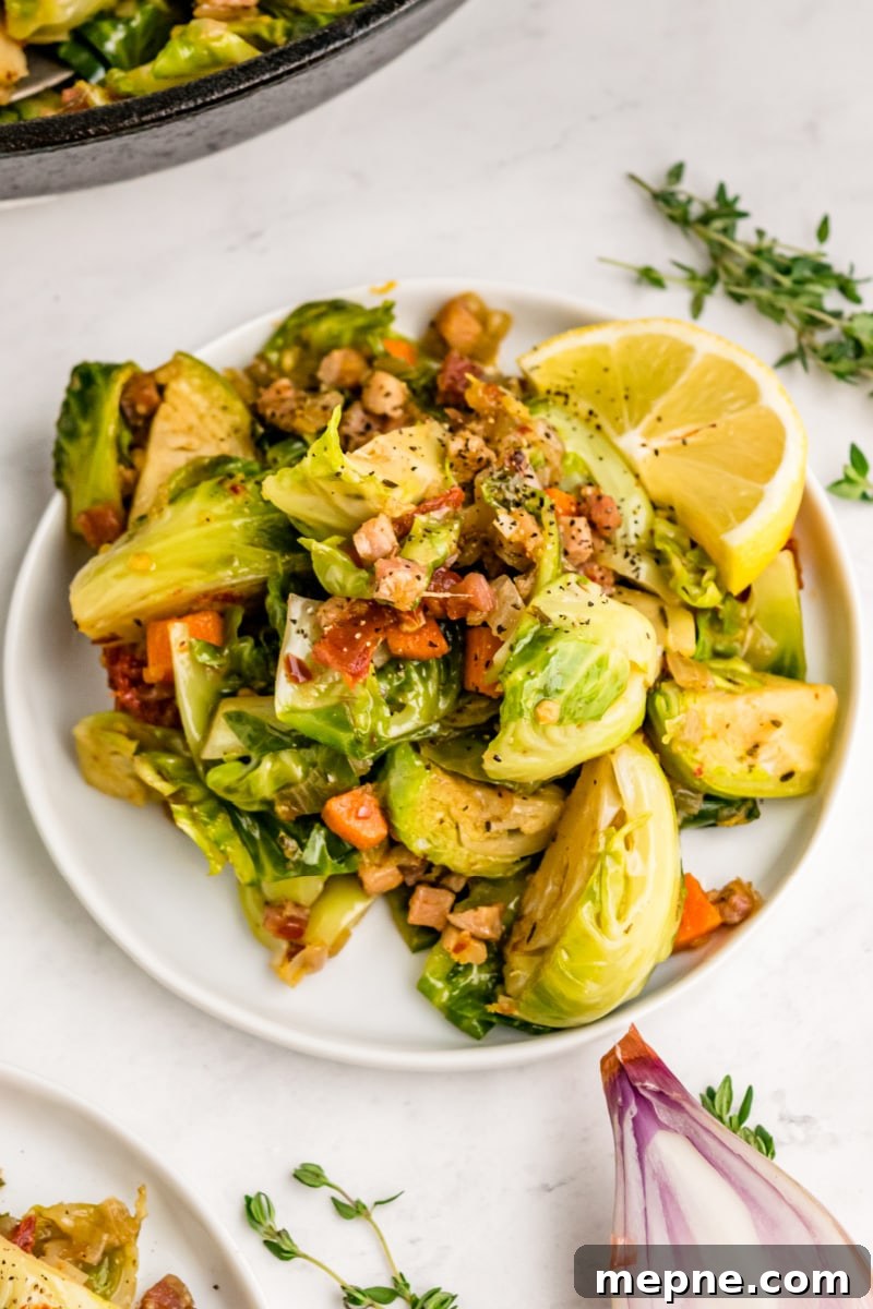 Lemon Brussels Sprouts with Pancetta and Thyme serving of lemon brussels sprouts on a plate