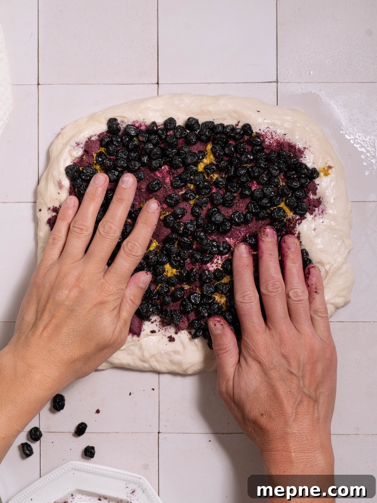 Homemade Blueberry Sourdough Bread Recipe 4 Laminating sourdough with dried blueberries, blueberry powder, and lemonn zest