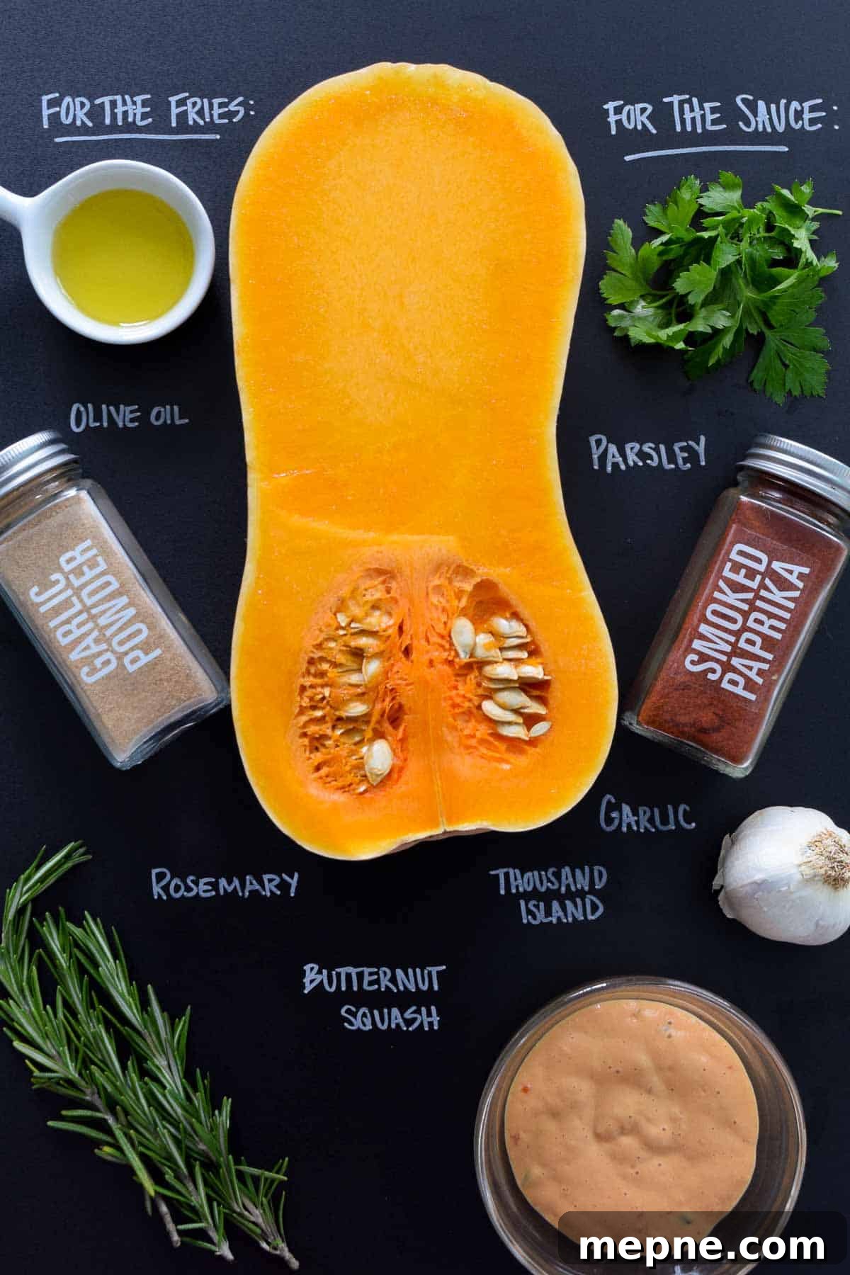 ingredients laid out on black chalkboard with names of each written in chalk