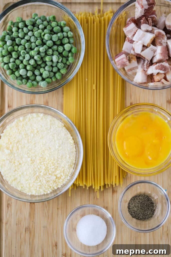 Classic Spaghetti Carbonara with Pancetta and Pecorino 3 Ingredients to make this Spaghetti Carbonara recipe in separate bowls.