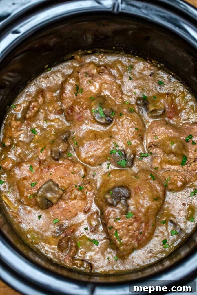 Tender Slow Cooker Swiss Steak Recipe 2 Overhead shot of creamy slow cooker Swiss steak.