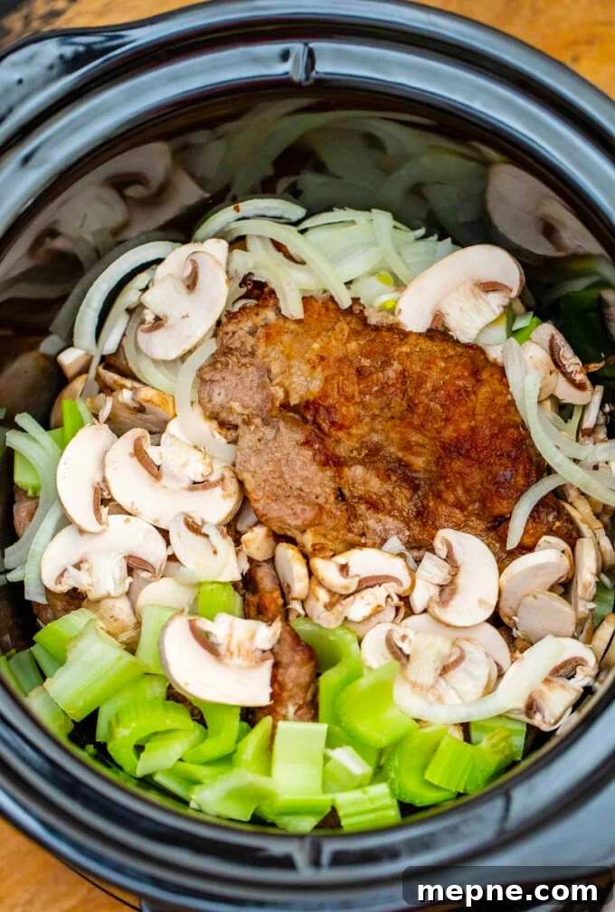 Tender Slow Cooker Swiss Steak Recipe 7 Swiss steak ingredients added to the crockpot.