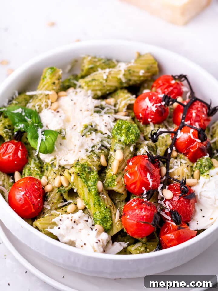 Pesto Rigatoni with Burst Cherry Tomatoes and Burrata 3 rigatoni pasta in bowl