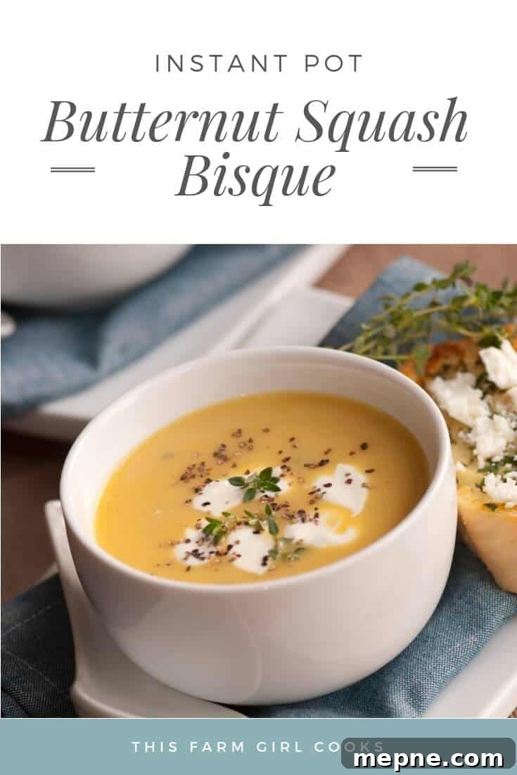 Creamy Instant Pot Butternut Squash Bisque Recipe 5 A bowl of butternut squash bisque topped with a dollop of sour cream.