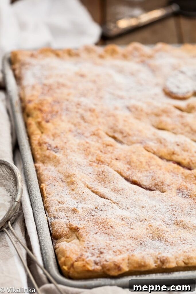 Rustic Rhubarb Slab Pie Recipe 3 side shot of rhubarb slab pie in a baking tray