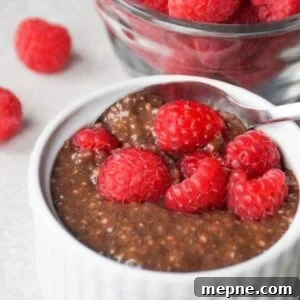 Chocolate chia pudding in a small white ramekin with a spoon and topped with fresh raspberries. One small glass bowl with fresh raspberries is behind the white ramekin.