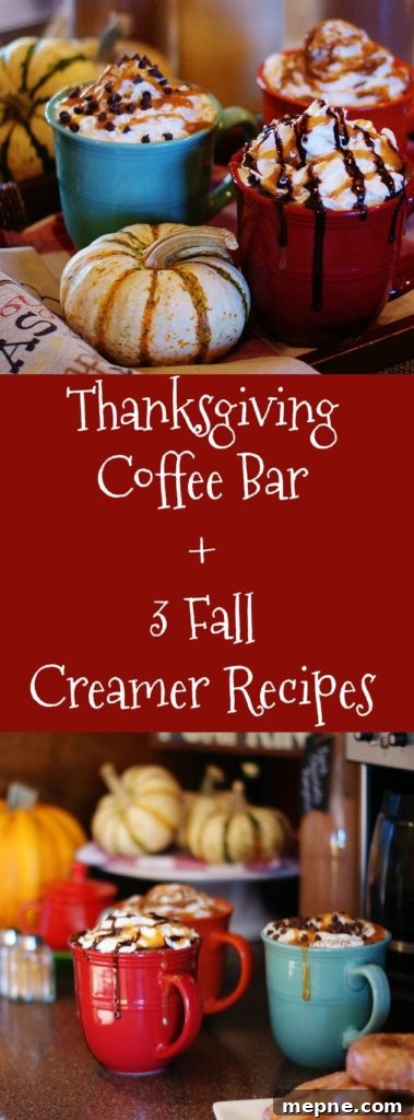 Thanksgiving coffee bar pin image with homemade fall coffee creamer ideas