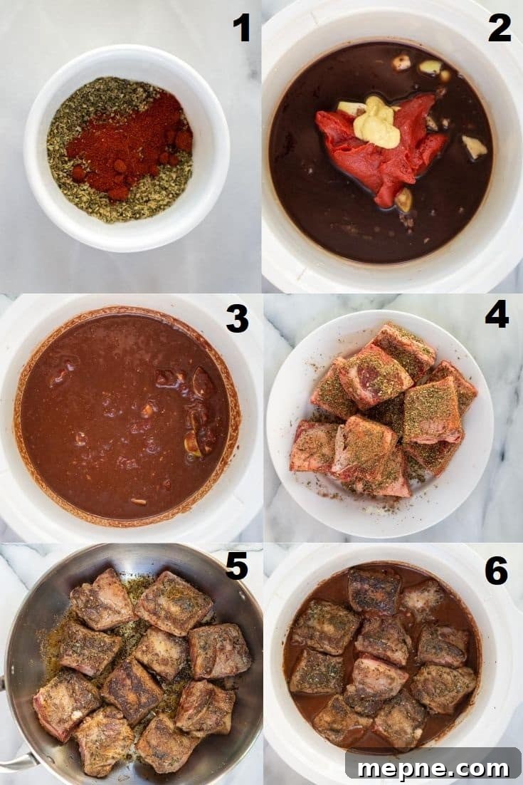 Tender Slow Cooker Beef Short Ribs Recipe 4 a collage of six photos showing the steps to make slow cooker short ribs