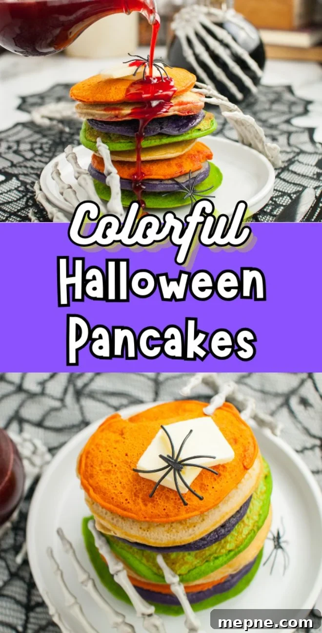 A stack of Colorful Halloween Pancakes with syrup and festive decorations, topped with spider and skeleton props—perfect inspiration if you’re looking for fun Halloween recipes for kids!.