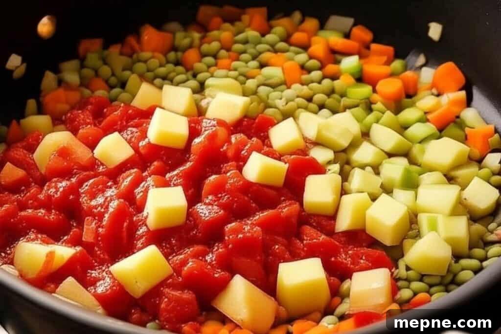 Hearty Lentil Soup Recipe with Vegetables 7 Adding tomatoes and potatoes to lentil soup
