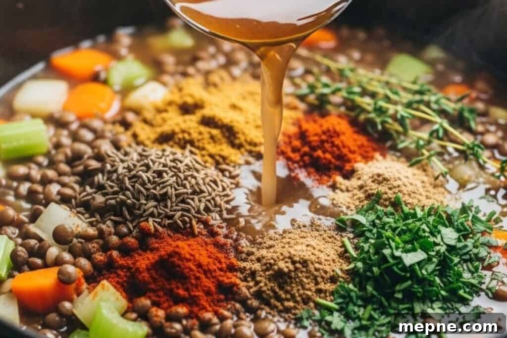 Hearty Lentil Soup Recipe with Vegetables 8 Adding broth and spices to lentil soup
