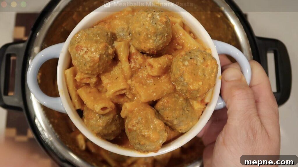 Instant Pot Meatballs with Marinara Pasta 15 Pasta plated in a bowl