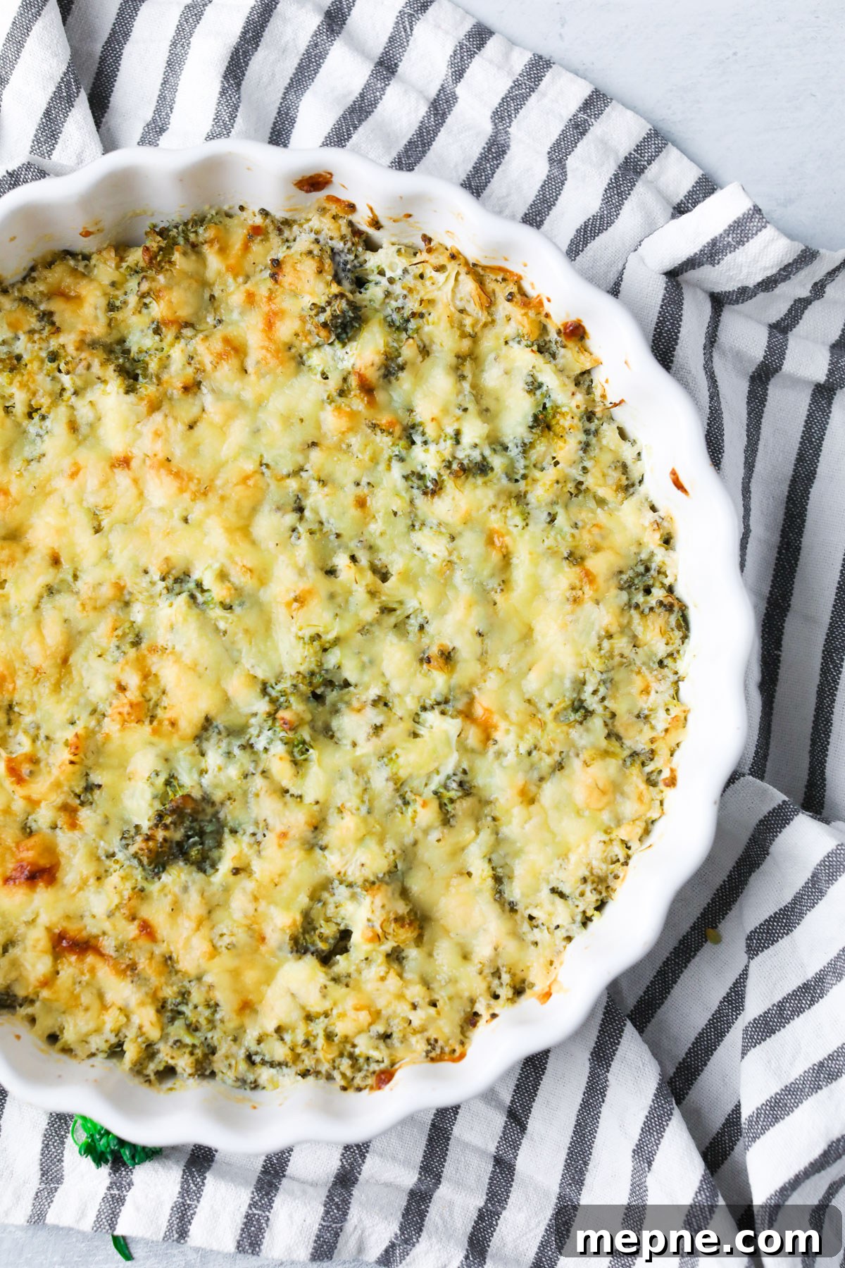 5-Ingredient Keto Broccoli Casserole Recipe 7 top view of casserole in ceramic dish